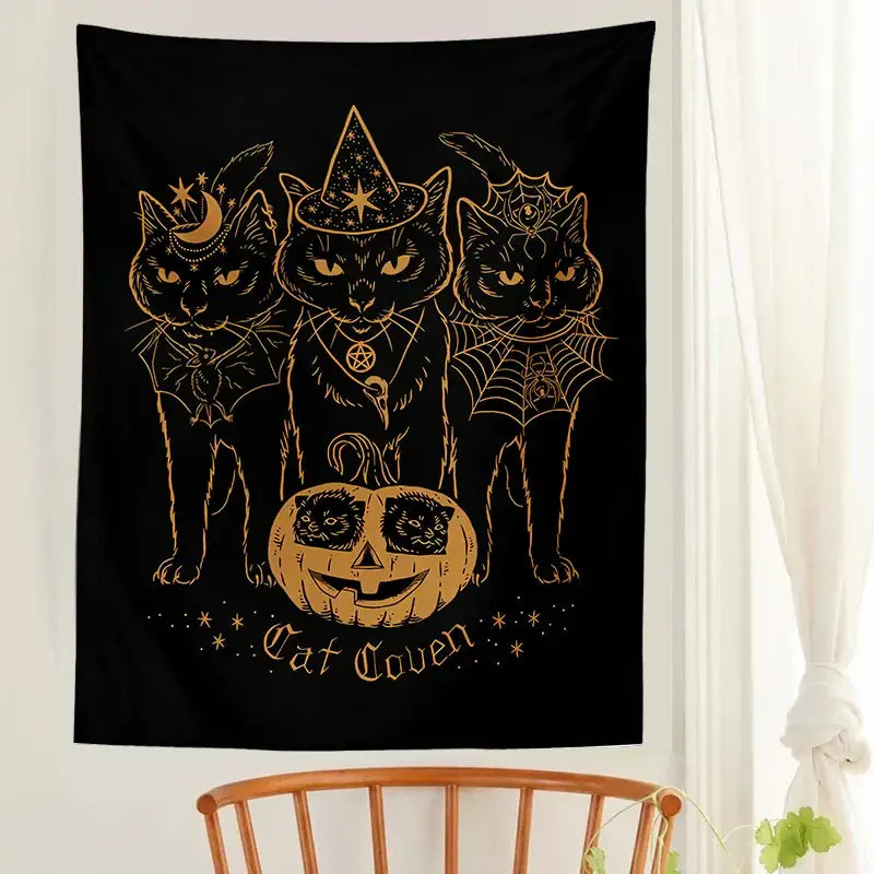 Cat coven witchcraft tapestry gold foil black decor bedroom wall art