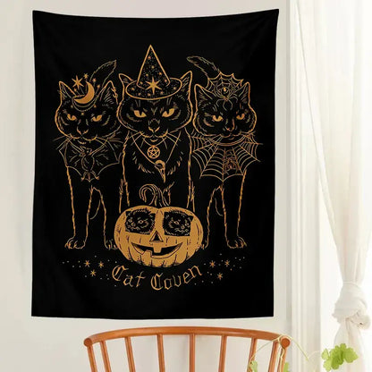 Cat coven witchcraft tapestry gold foil black decor bedroom wall art