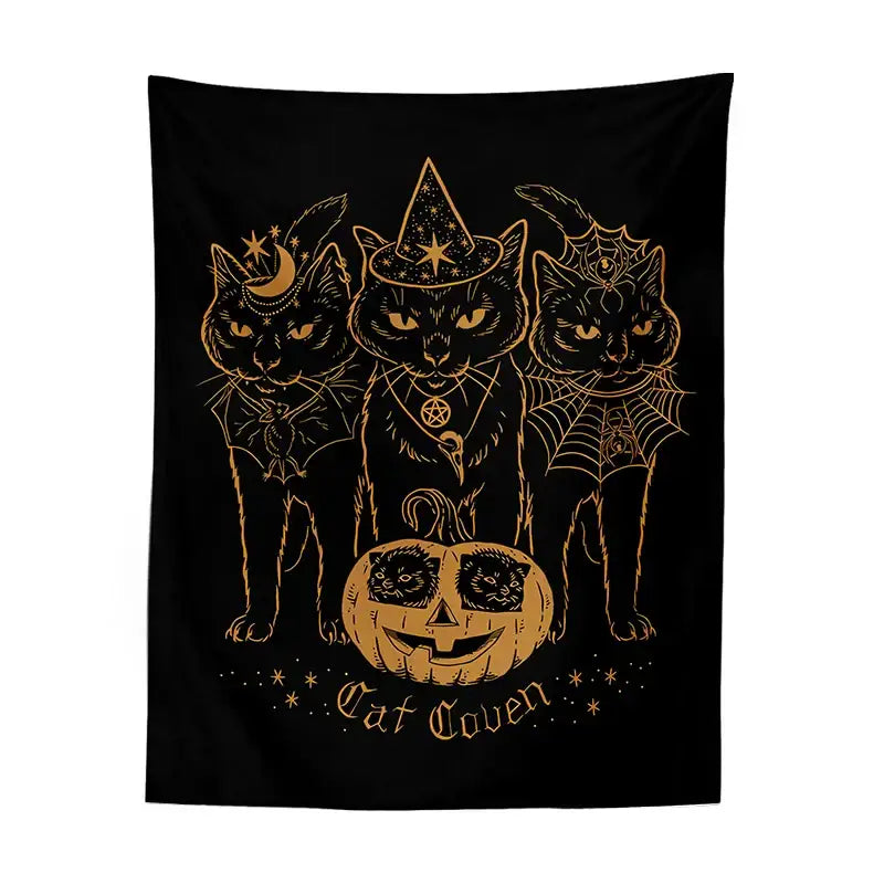 Cat coven witchcraft tapestry gold foil black decor bedroom wall art