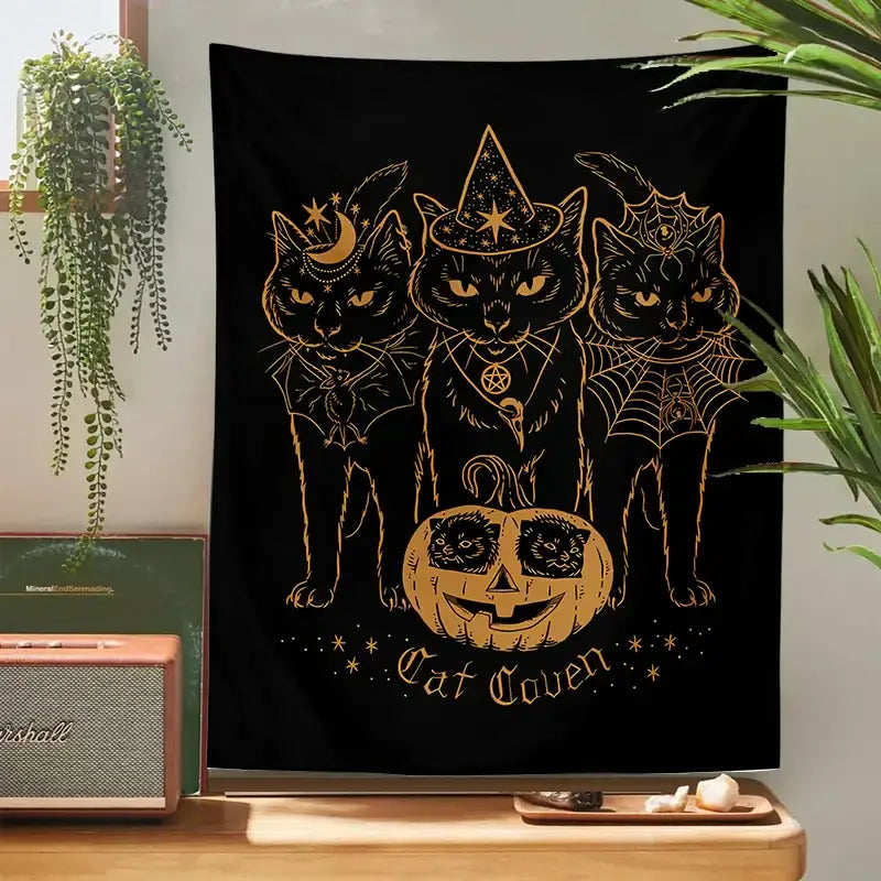 Cat coven witchcraft tapestry gold foil black decor bedroom wall art