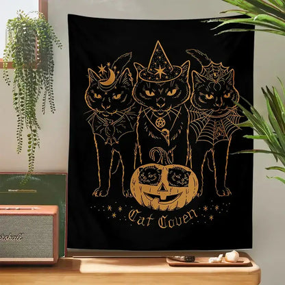 Cat coven witchcraft tapestry gold foil black decor bedroom wall art