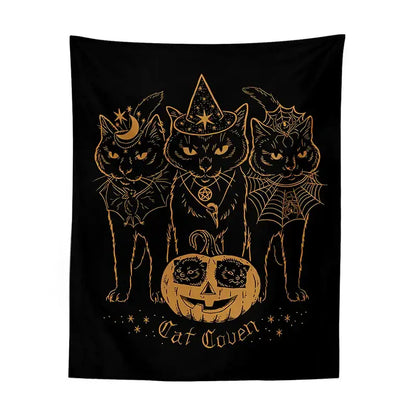 Cat coven witchcraft tapestry gold foil black decor bedroom wall art