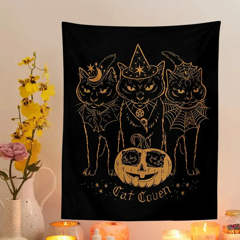 Cat coven witchcraft tapestry gold foil black decor bedroom wall art
