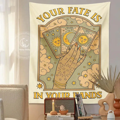 Cat tarot tapestry cream moon sun aesthetic bedroom wall decor