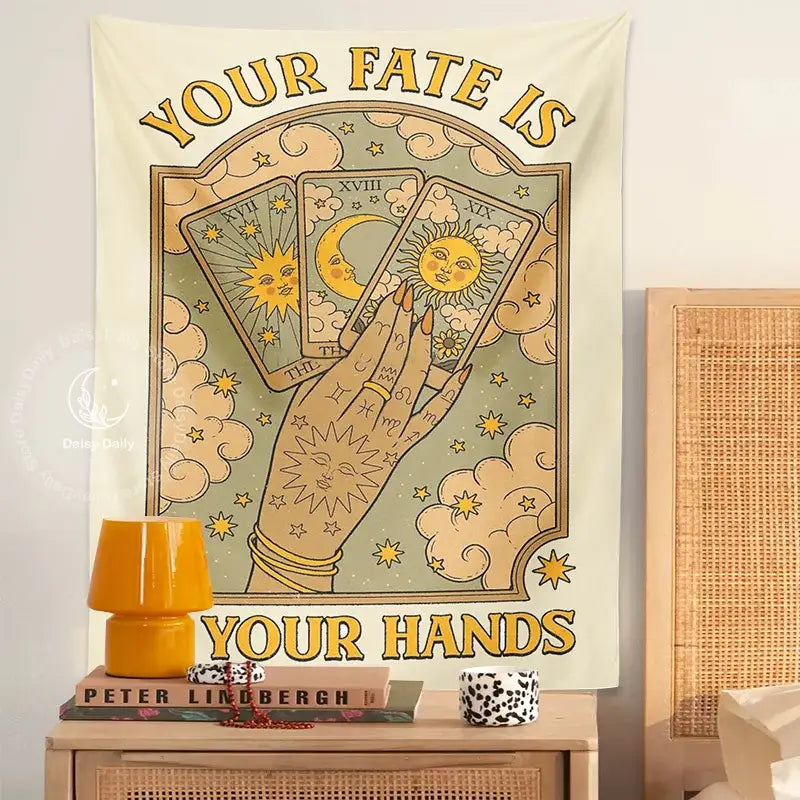 Cat tarot tapestry cream moon sun aesthetic bedroom wall decor