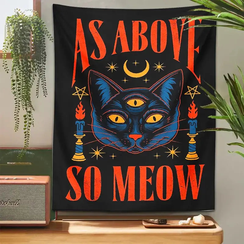 Cat tarot tapestry wall hanging black & blue bedroom decor