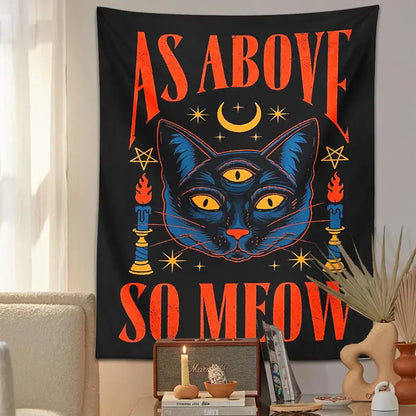 Cat tarot tapestry wall hanging black & blue bedroom decor