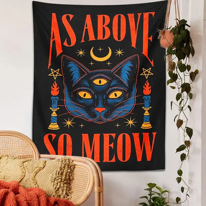 Cat tarot tapestry wall hanging black & blue bedroom decor