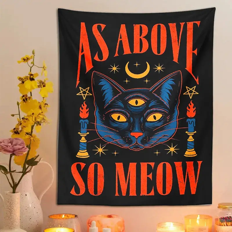 Cat tarot tapestry wall hanging black & blue bedroom decor