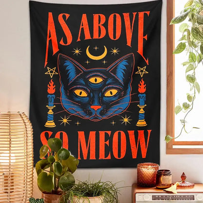 Cat tarot tapestry wall hanging black & blue bedroom decor