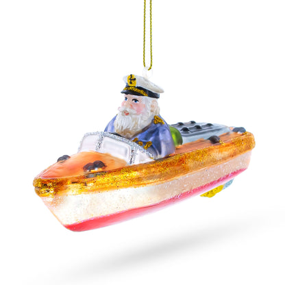 Captain Santa on a Boat Glass Christmas Ornament