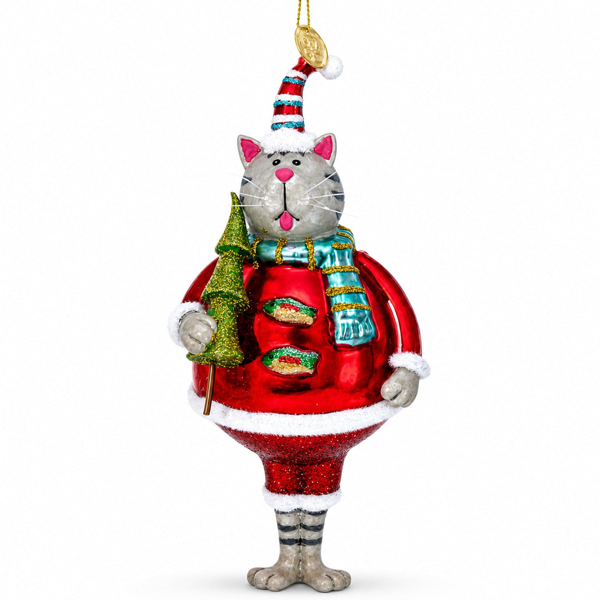 Cat in Fur Hat with Tree Glass Christmas Ornament
