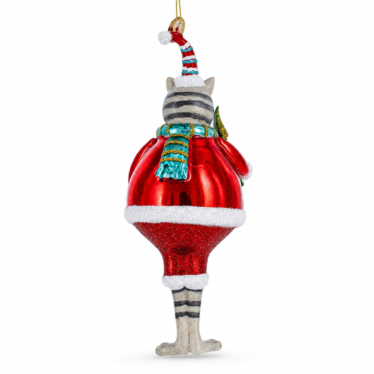 Cat in Fur Hat with Tree Glass Christmas Ornament