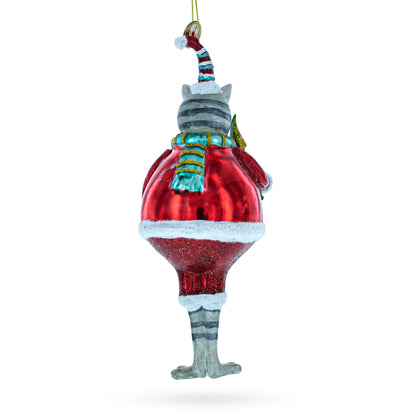 Cat in Fur Hat with Tree Glass Christmas Ornament