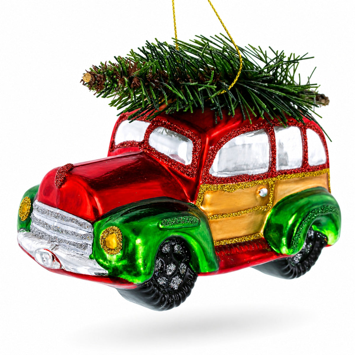 Car Carrying Tree Glass Christmas Ornament