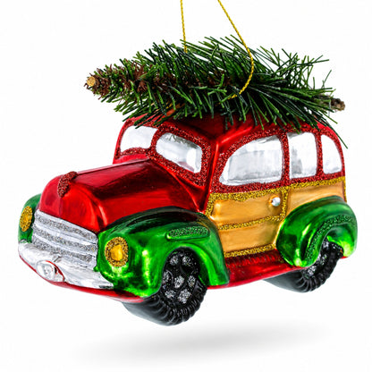 Car Carrying Tree Glass Christmas Ornament