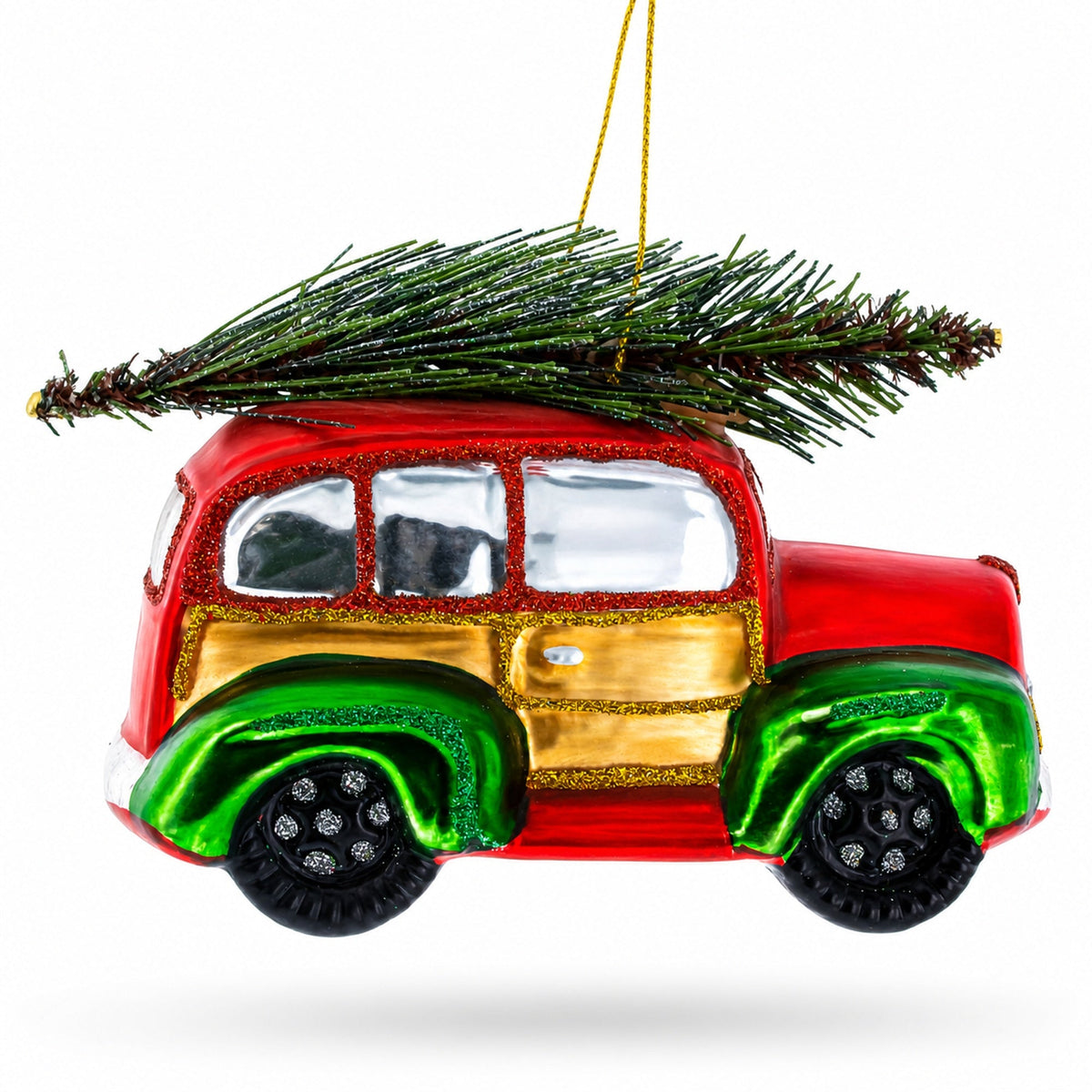 Car Carrying Tree Glass Christmas Ornament