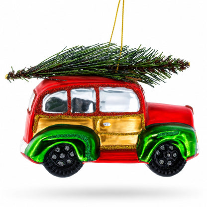 Car Carrying Tree Glass Christmas Ornament