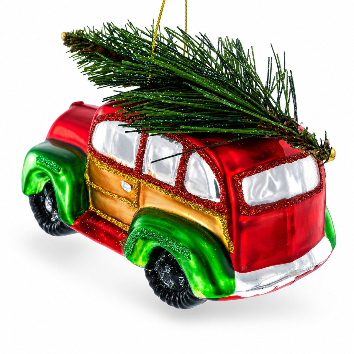 Car Carrying Tree Glass Christmas Ornament