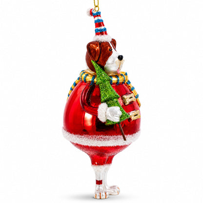 Dog in Fur Hat Holding Tree Glass Christmas Ornament