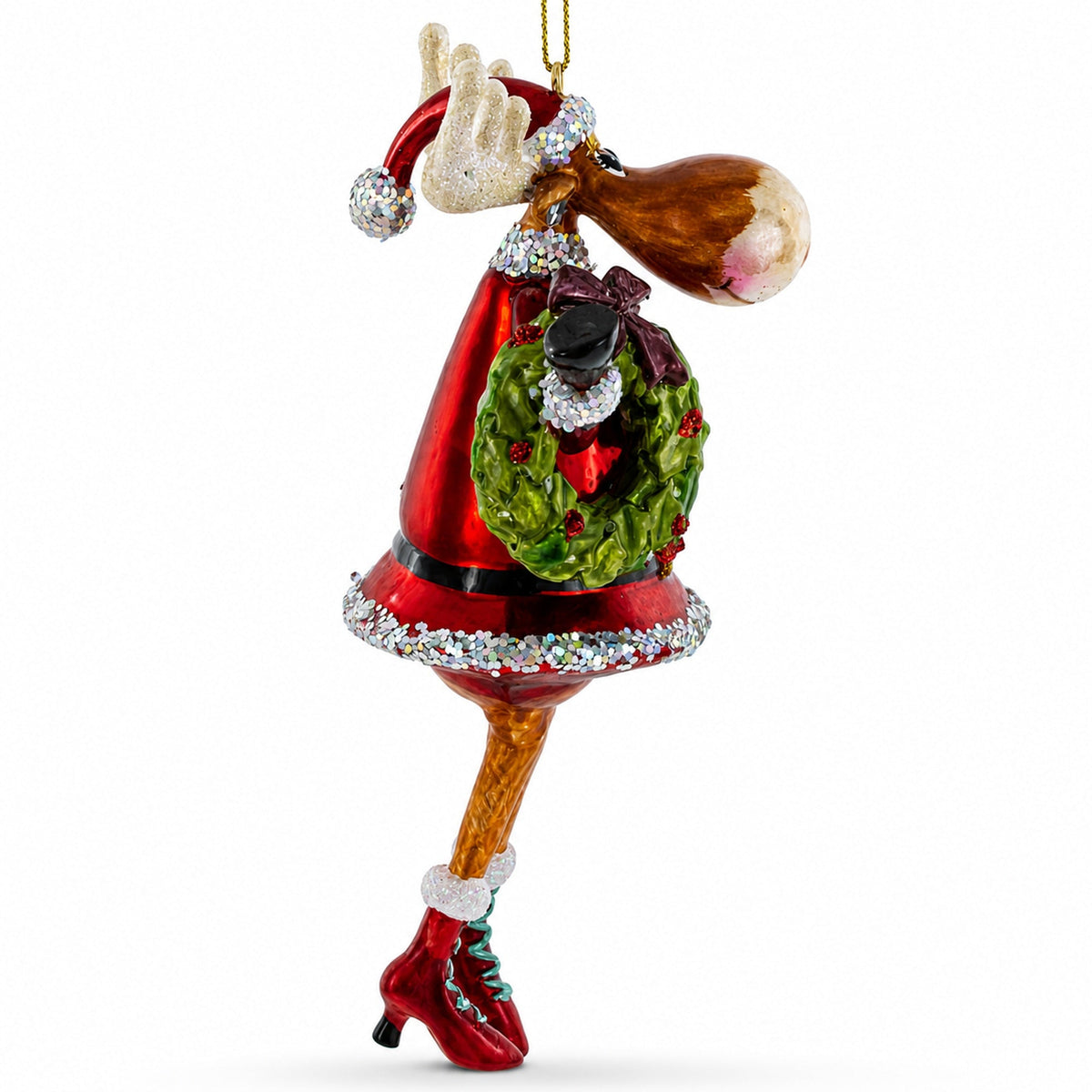 Reindeer Lady Adorned with Wreath Glass Christmas Ornament