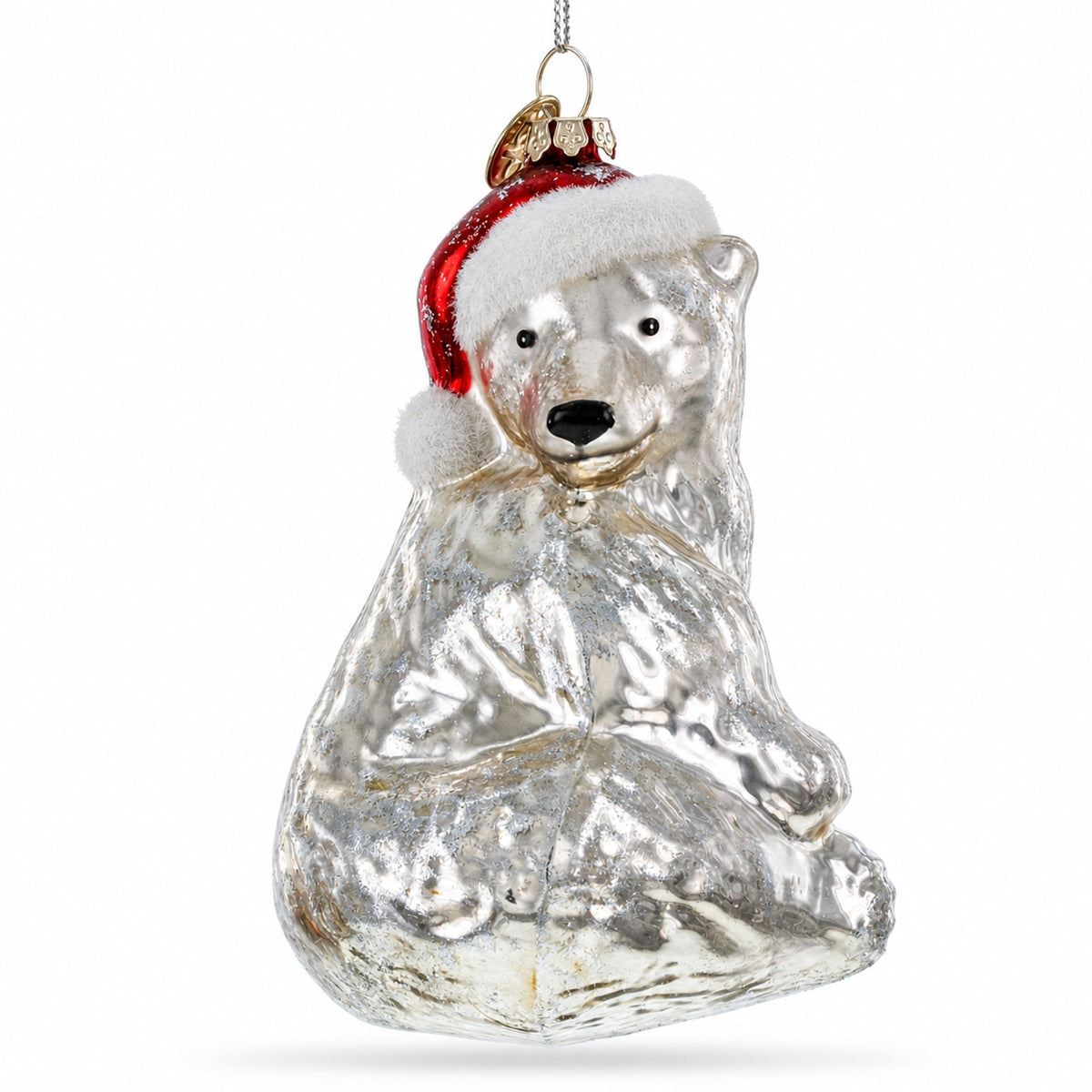 Polar Bear in Santa Hat Glass Christmas Ornament