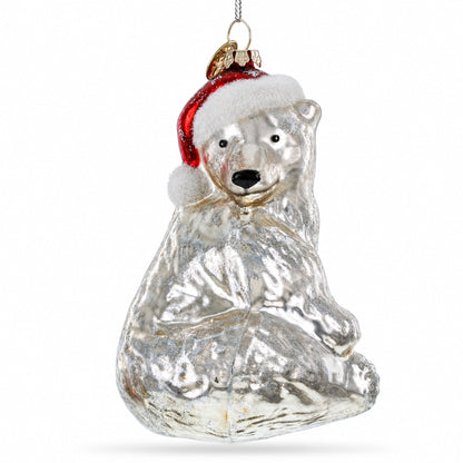 Polar Bear in Santa Hat Glass Christmas Ornament