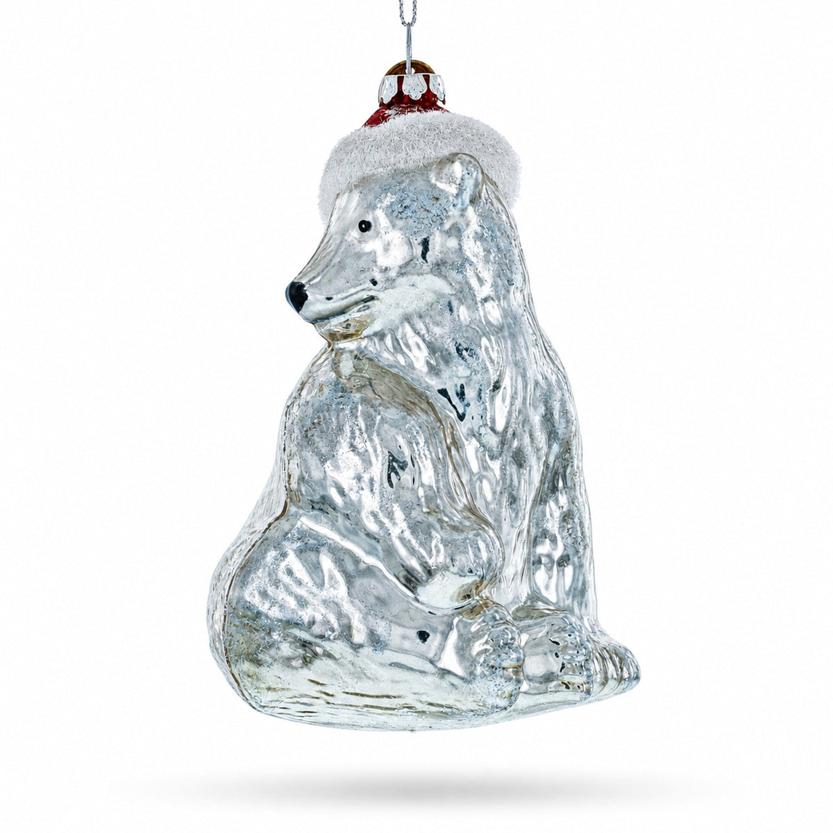 Polar Bear in Santa Hat Glass Christmas Ornament