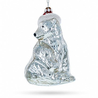 Polar Bear in Santa Hat Glass Christmas Ornament
