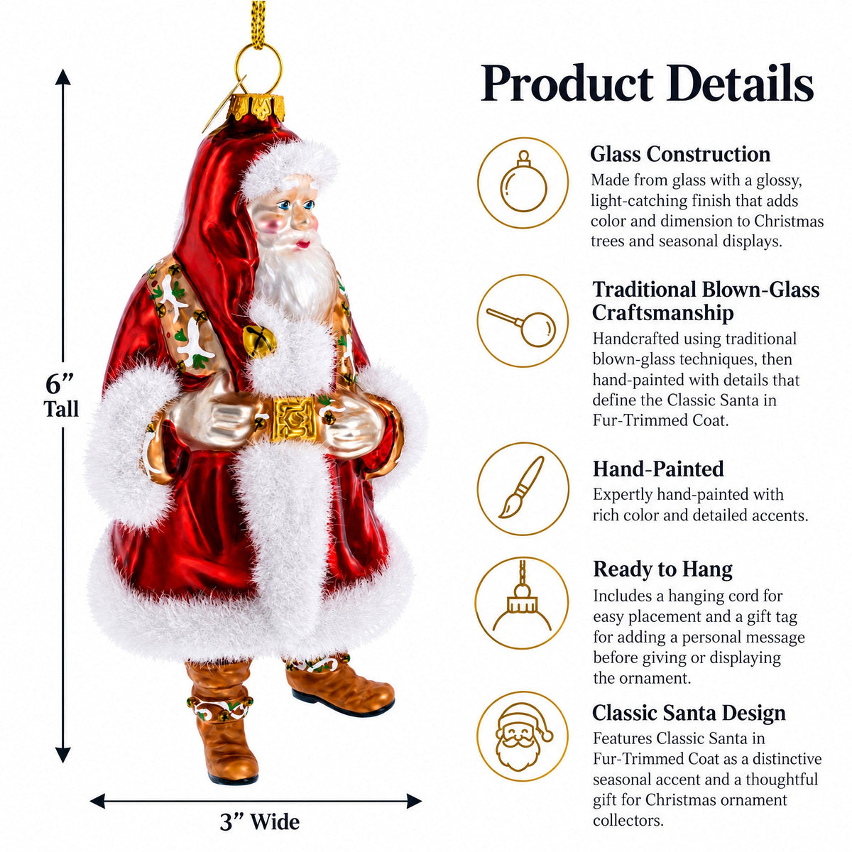 Classic Santa in Fur-Trimmed Coat Glass Christmas Ornament