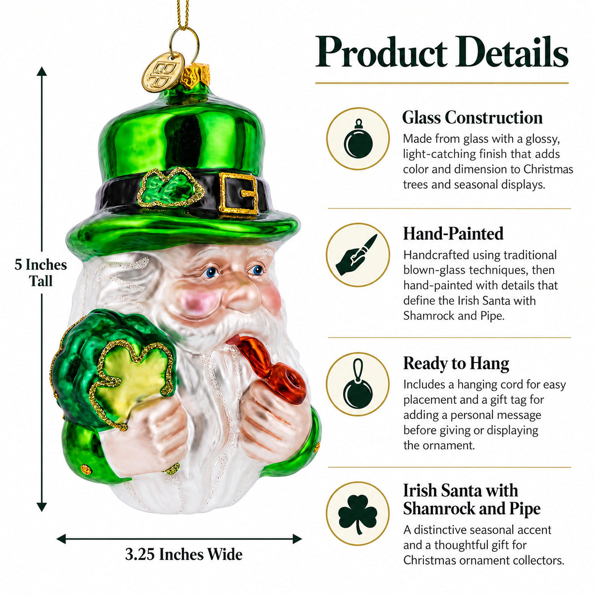 Irish Santa with Shamrock and Pipe Glass Christmas Ornament
