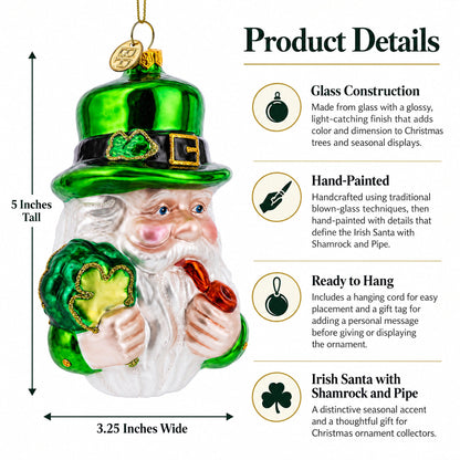 Irish Santa with Shamrock and Pipe Glass Christmas Ornament