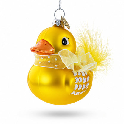Yellow Duck with Bow Glass Christmas Ornament