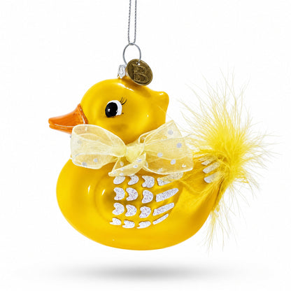 Yellow Duck with Bow Glass Christmas Ornament