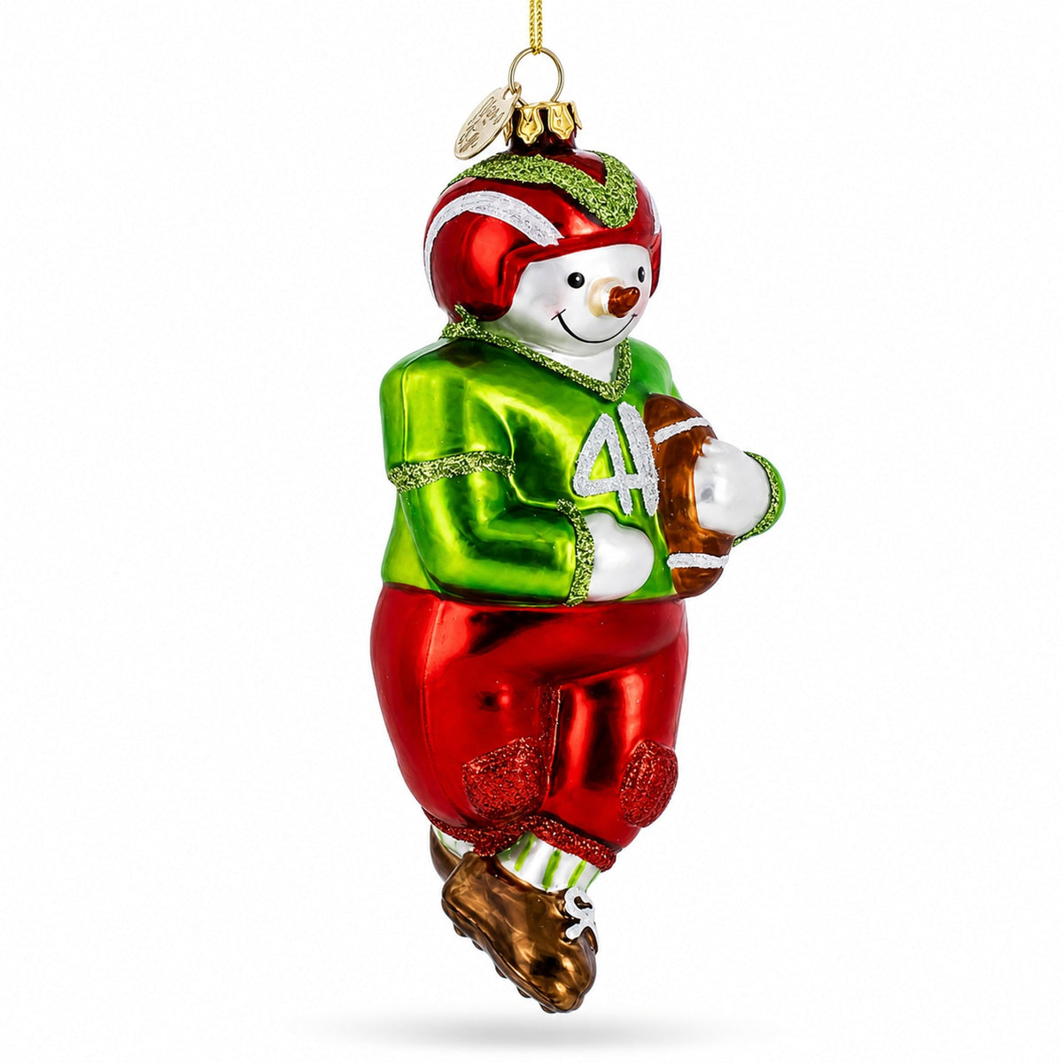 Snowman Playing Football Glass Christmas Ornament