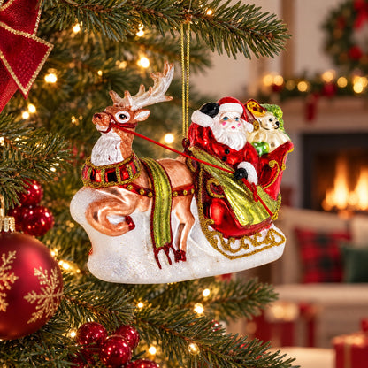Santa’s Sleigh Ride with Reindeer Glass Christmas Ornament