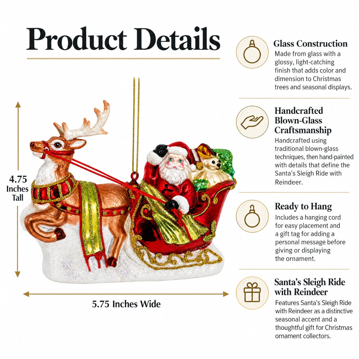 Santa’s Sleigh Ride with Reindeer Glass Christmas Ornament