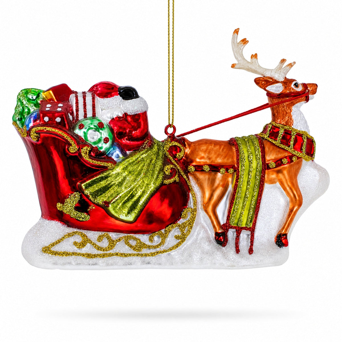 Santa’s Sleigh Ride with Reindeer Glass Christmas Ornament