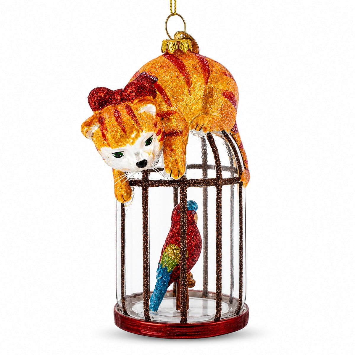Cat on Birdcage with Parrot Glass Christmas Ornament