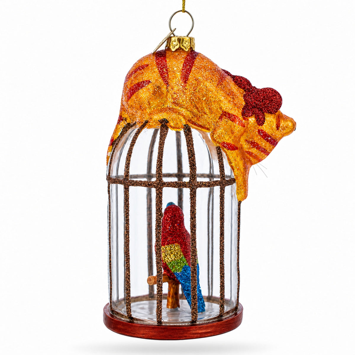 Cat on Birdcage with Parrot Glass Christmas Ornament