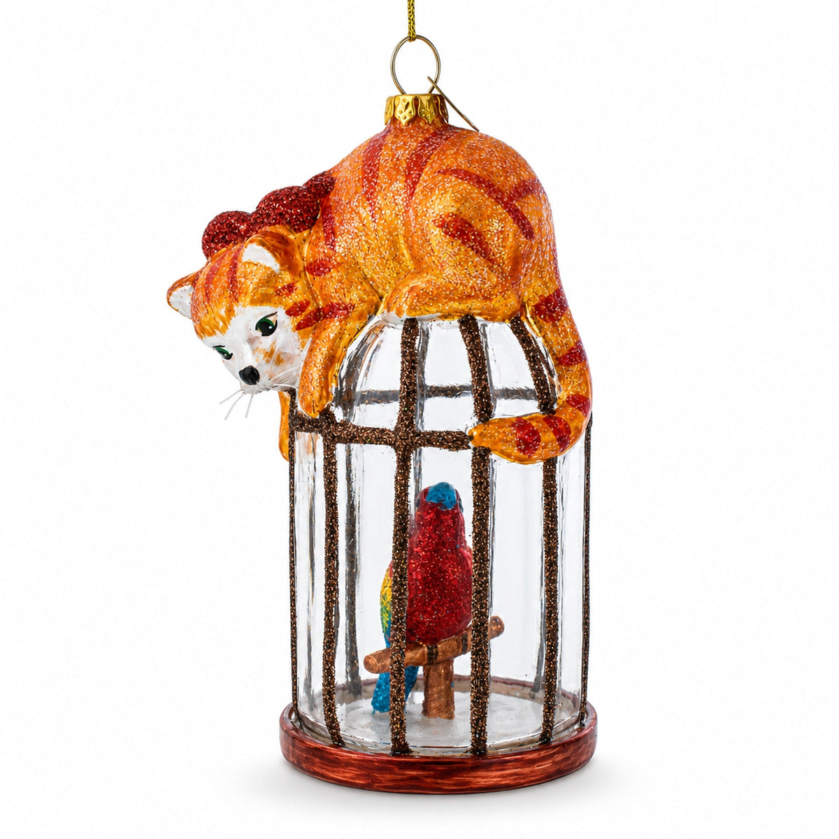 Cat on Birdcage with Parrot Glass Christmas Ornament