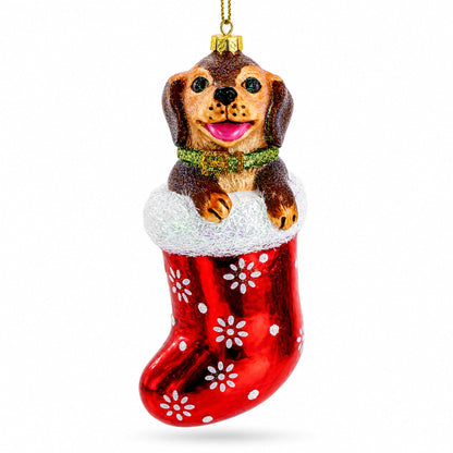Puppy in Stocking Glass Christmas Ornament