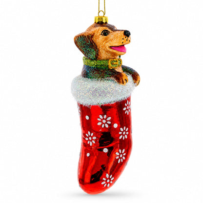 Puppy in Stocking Glass Christmas Ornament