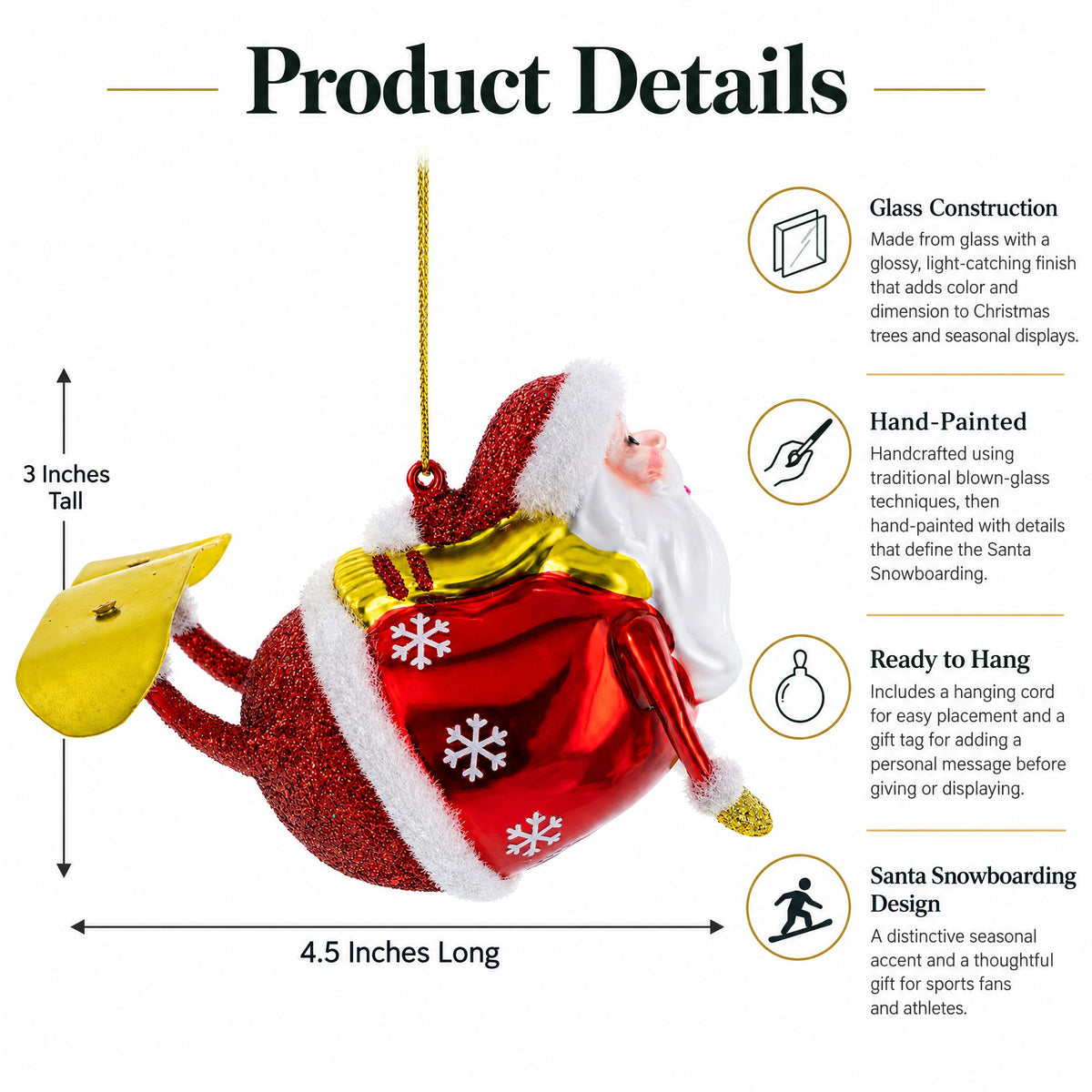 Santa Snowboarding Glass Christmas Ornament