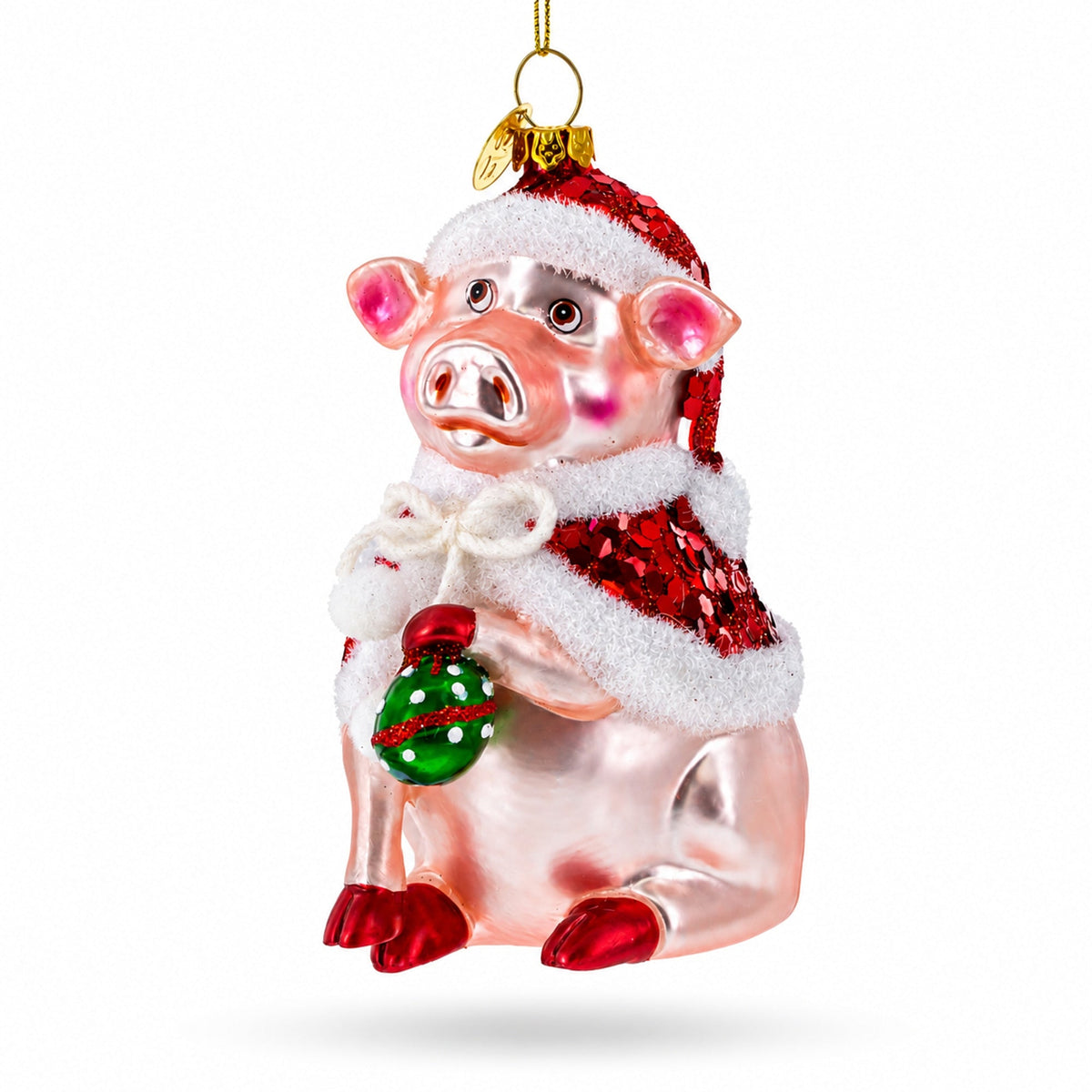 Pig in Santa Outfit Glass Christmas Ornament
