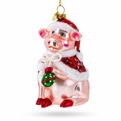 Pig in Santa Outfit Glass Christmas Ornament
