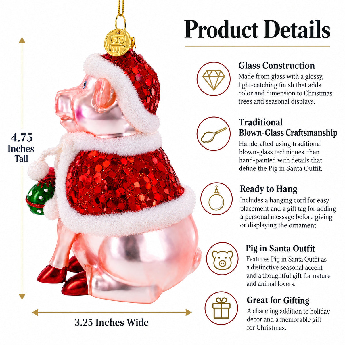 Pig in Santa Outfit Glass Christmas Ornament