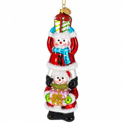 Snowmen Friends Sharing Gifts Glass Christmas Ornament