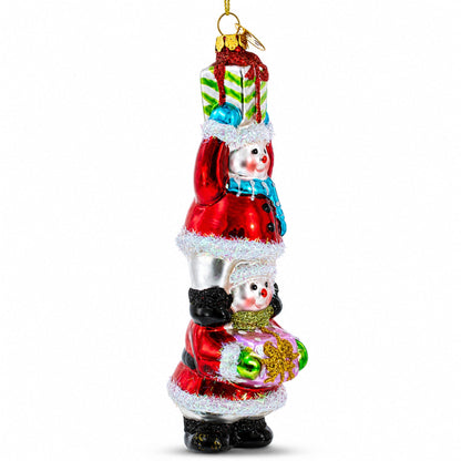 Snowmen Friends Sharing Gifts Glass Christmas Ornament