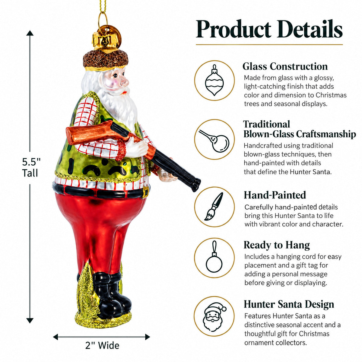 Hunter Santa Glass Christmas Ornament